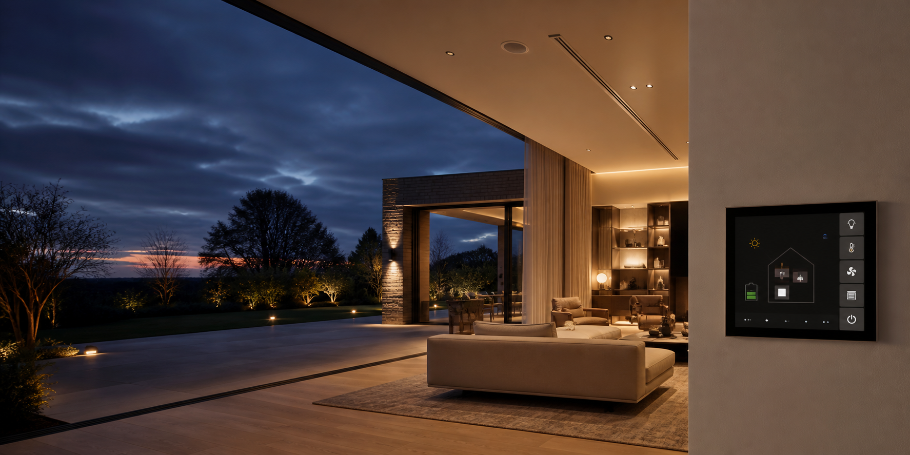 Contemporary living space with integrated lighting and smart home controls
